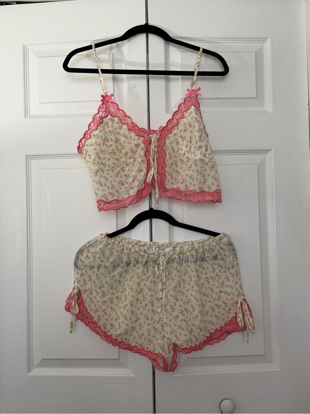 Betsey Johnson Cream Floral Cami & Shorts Set with Pink Lace